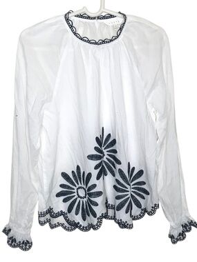 Adiva White Embroidered Peasant Blouse Boho Cottagecore Top Size L